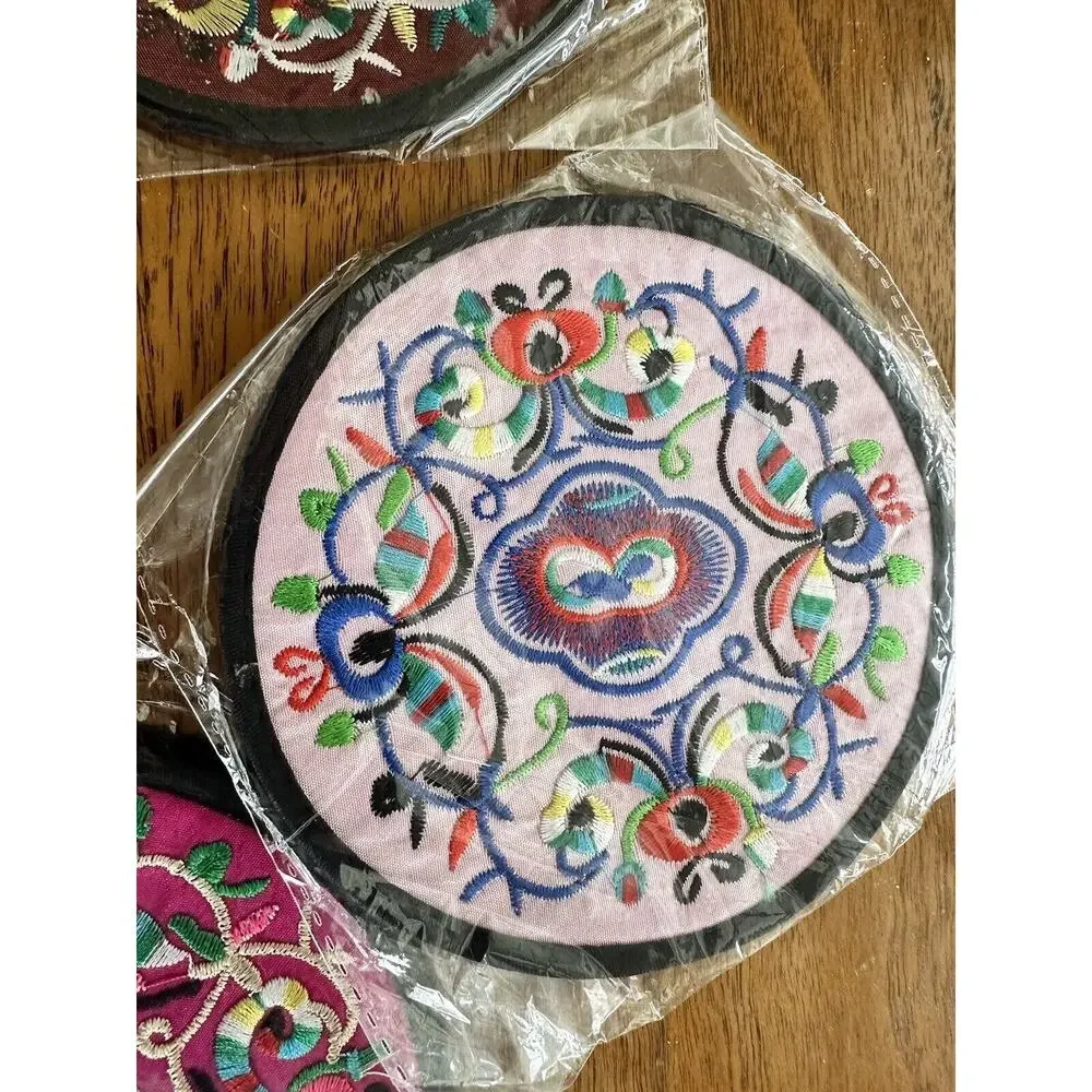 Round Silky Embroidery Chinese Style Coasters Table Mats Multi- Color